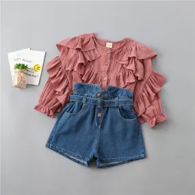 2-7 years high quality girl clothing set 2020 new autumn fashion tiered ruched solid shirt   denim pant kid children clothing