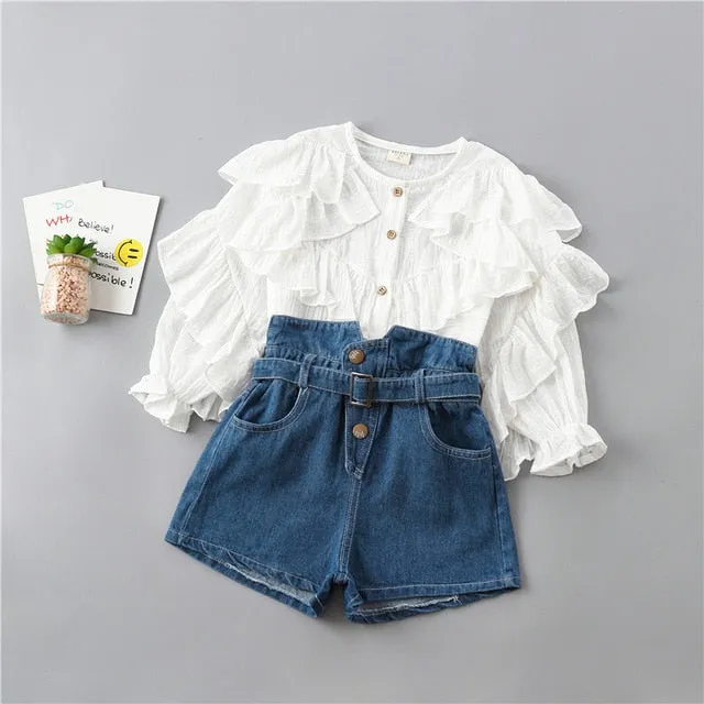 2-7 years high quality girl clothing set 2020 new autumn fashion tiered ruched solid shirt   denim pant kid children clothing