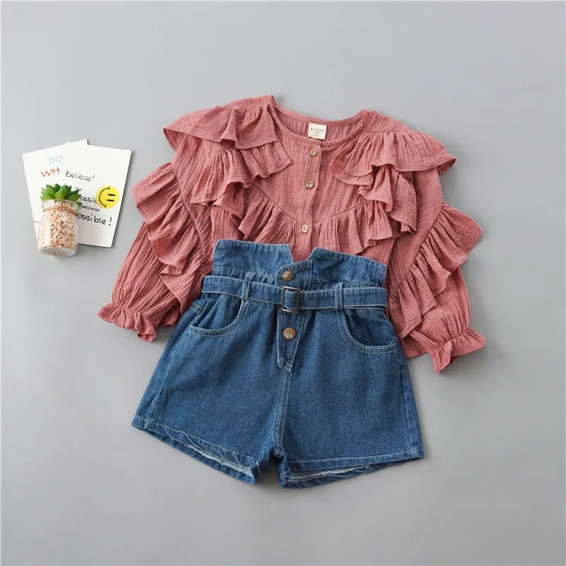 2-7 years high quality girl clothing set 2020 new autumn fashion tiered ruched solid shirt   denim pant kid children clothing