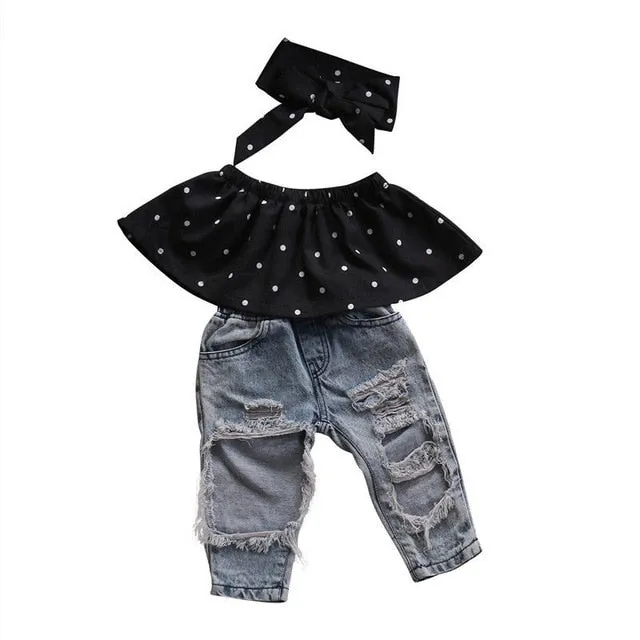 2019 Summer Fashion Toddler Baby Girls Clothes Dot Sleeveless 3pcs Tops Hole Jeans Outfits Casual Clothes 0-3Yrs