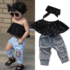 2019 Summer Fashion Toddler Baby Girls Clothes Dot Sleeveless 3pcs Tops Hole Jeans Outfits Casual Clothes 0-3Yrs
