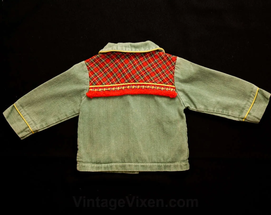 Baby Girls Jacket - Adorable Toddler's Scotty Dog Red Tartan Plaid Denim Jean Jacket - Size 12 to 18 Months - Children's 70s Fall Outerwear