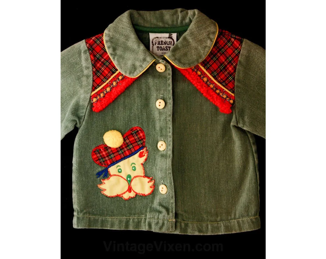 Baby Girls Jacket - Adorable Toddler's Scotty Dog Red Tartan Plaid Denim Jean Jacket - Size 12 to 18 Months - Children's 70s Fall Outerwear