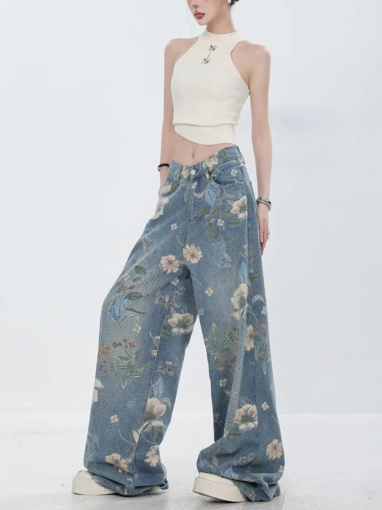 Blumen-Denim-Hosen im soft-girl-til mit weitem Bein