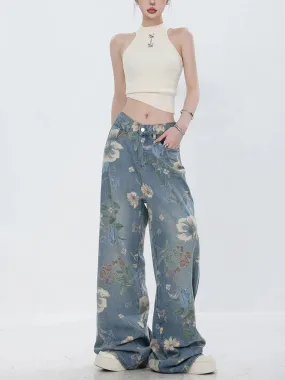Blumen-Denim-Hosen im soft-girl-til mit weitem Bein