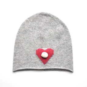 Cashmere Beanie with Heart and Mini Pompom - Grey