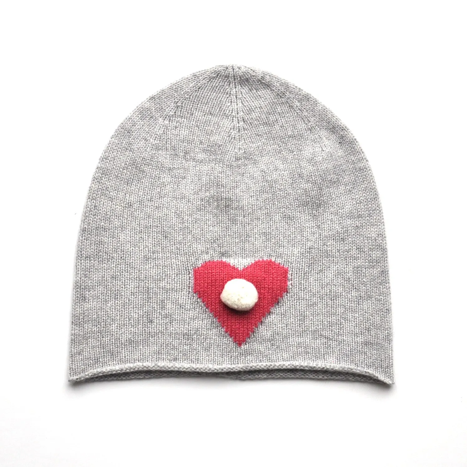Cashmere Beanie with Heart and Mini Pompom - Grey
