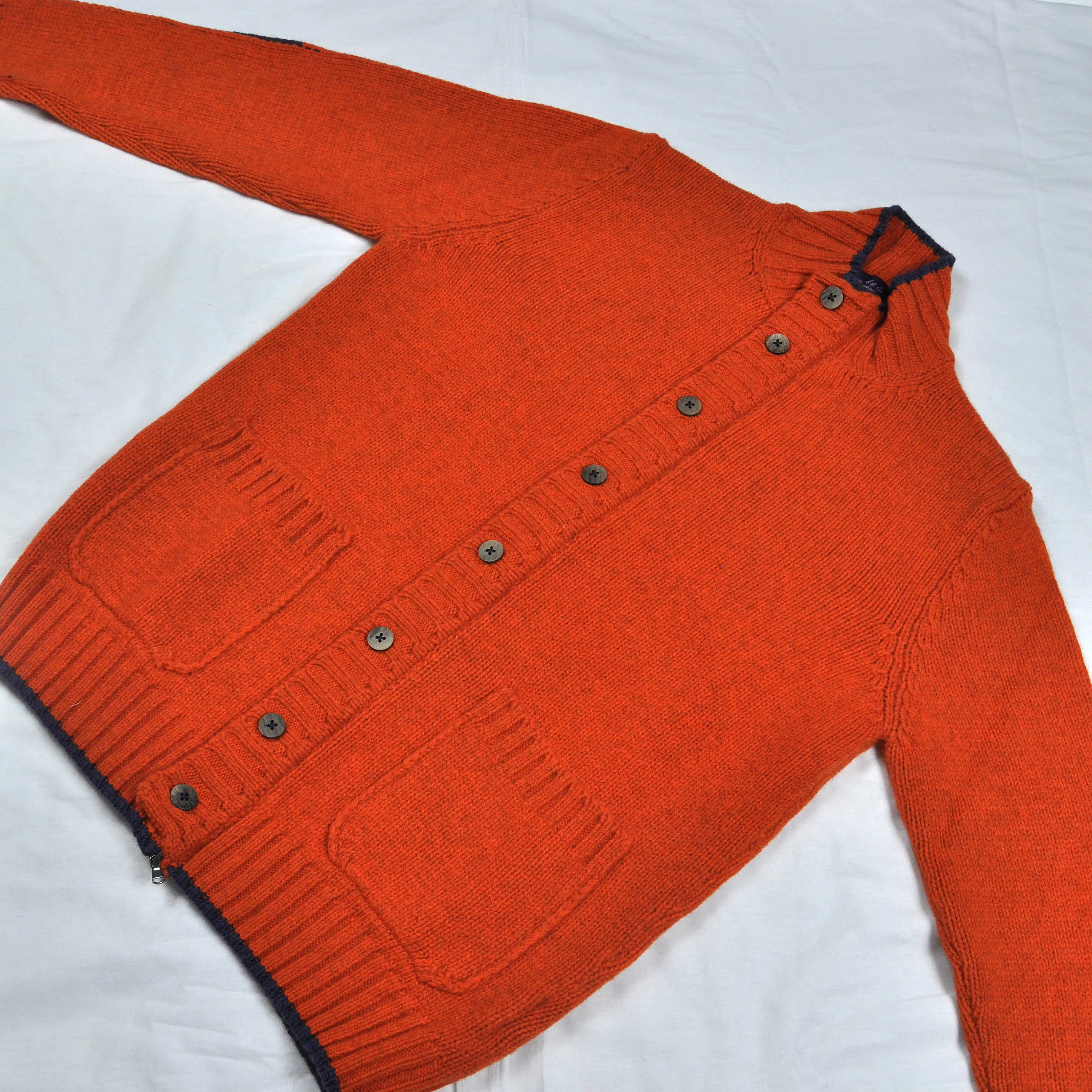 Chunky Yak's Wool Cardi in Orange with Dark Blue Trim