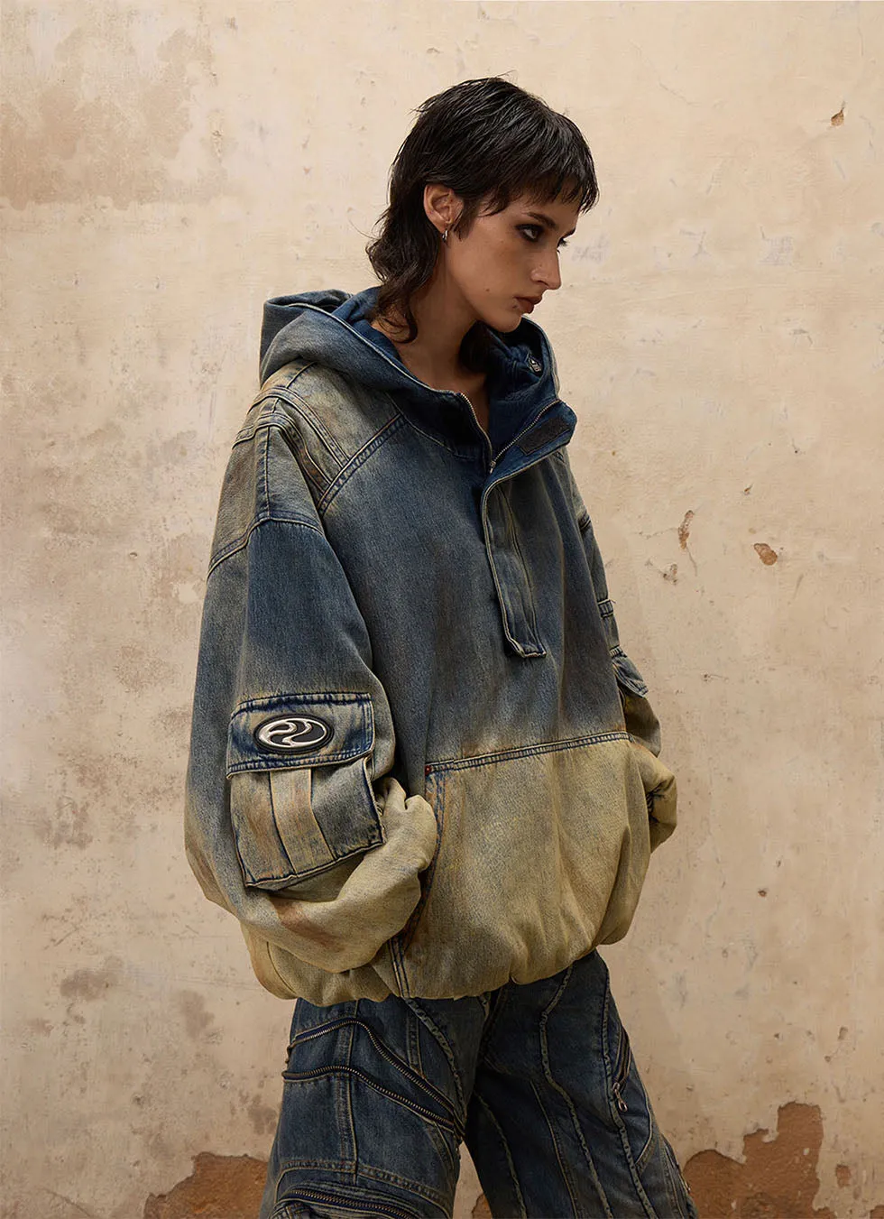 Gradient Wash Hooded Denim Jacket