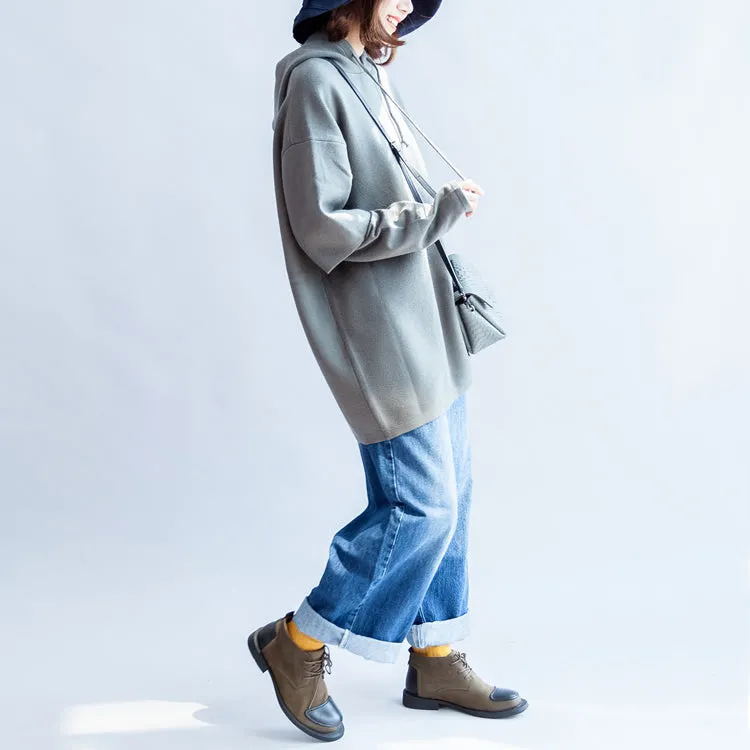 gray green casual hooded woolen blended outwear oversize print knit coats