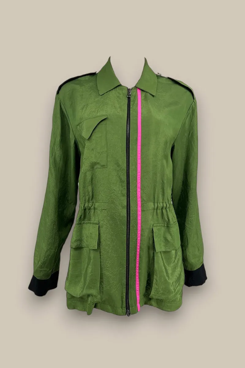Green Acetate Cargo Jacket with Pink Stripe - MADE TO ORDER