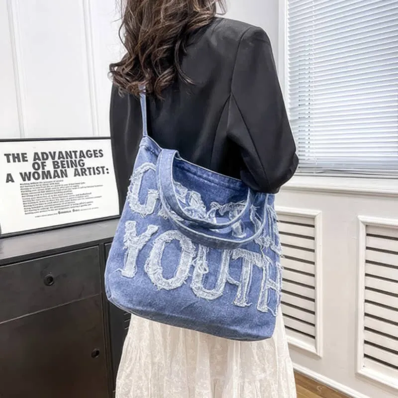 Large-capacity letter denim tote bag