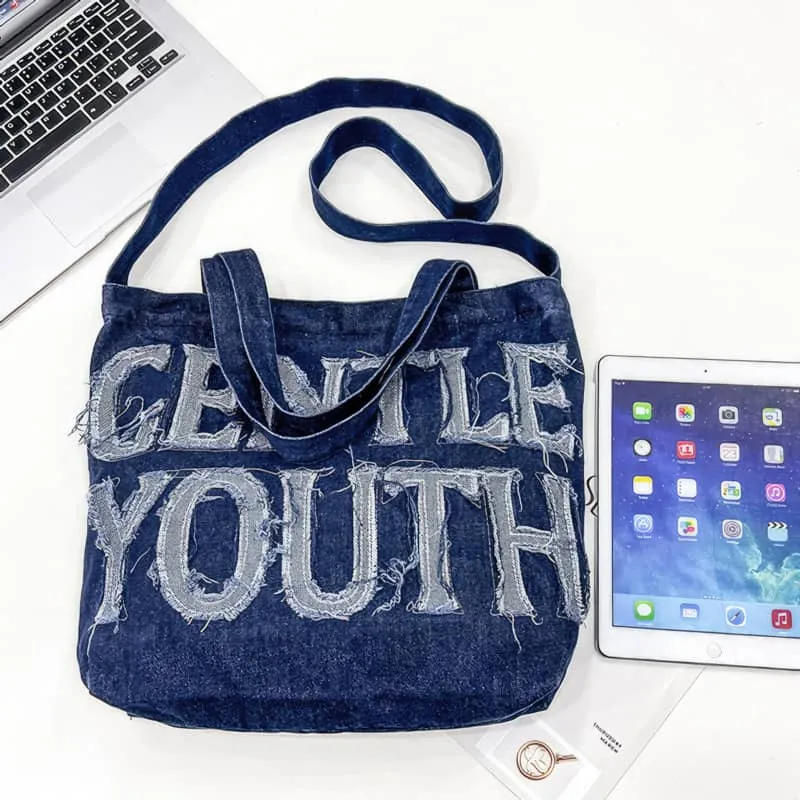 Large-capacity letter denim tote bag