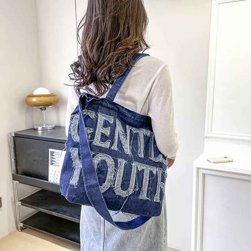 Large-capacity letter denim tote bag