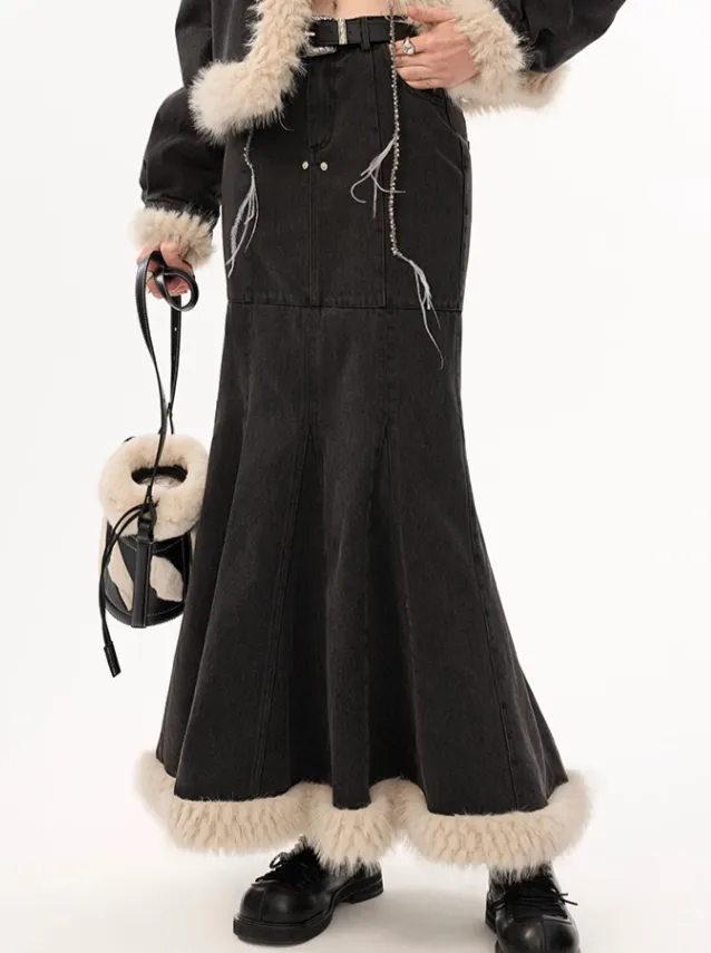 Mermaid Long Denim Fur Skirt