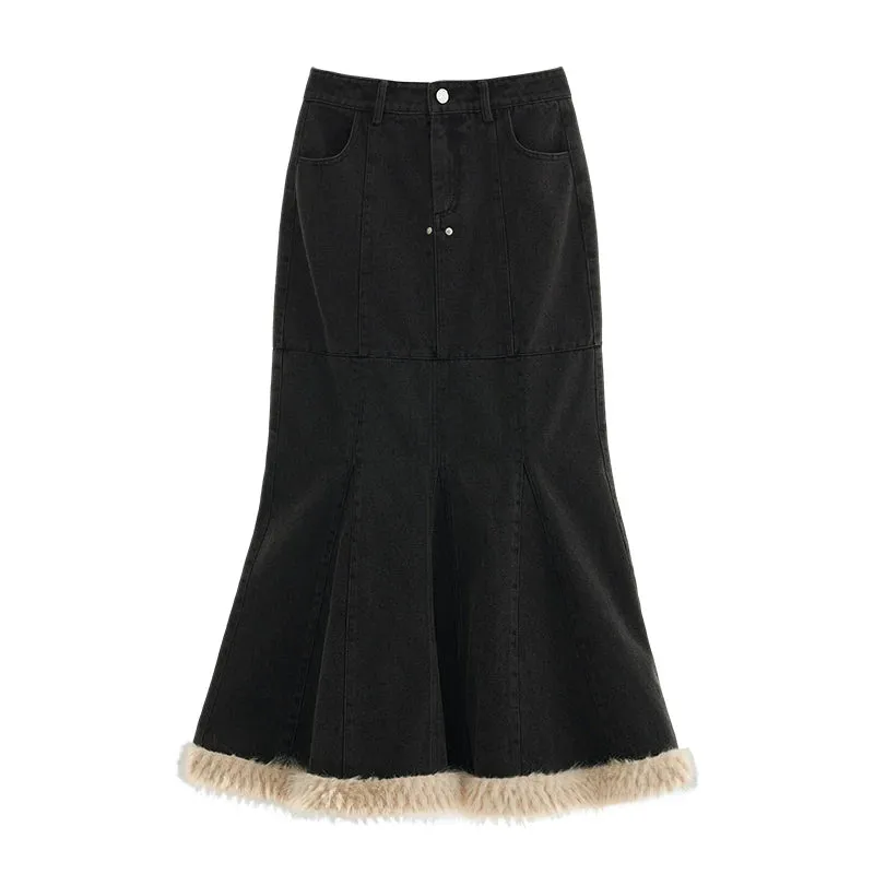Mermaid Long Denim Fur Skirt