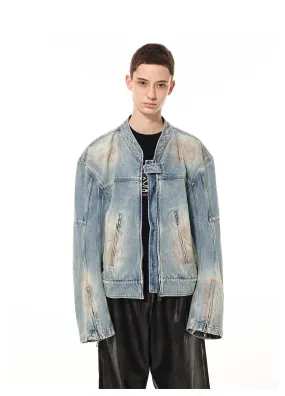 Mud-dyed Damaged Zipper Decoration Denim Jacket