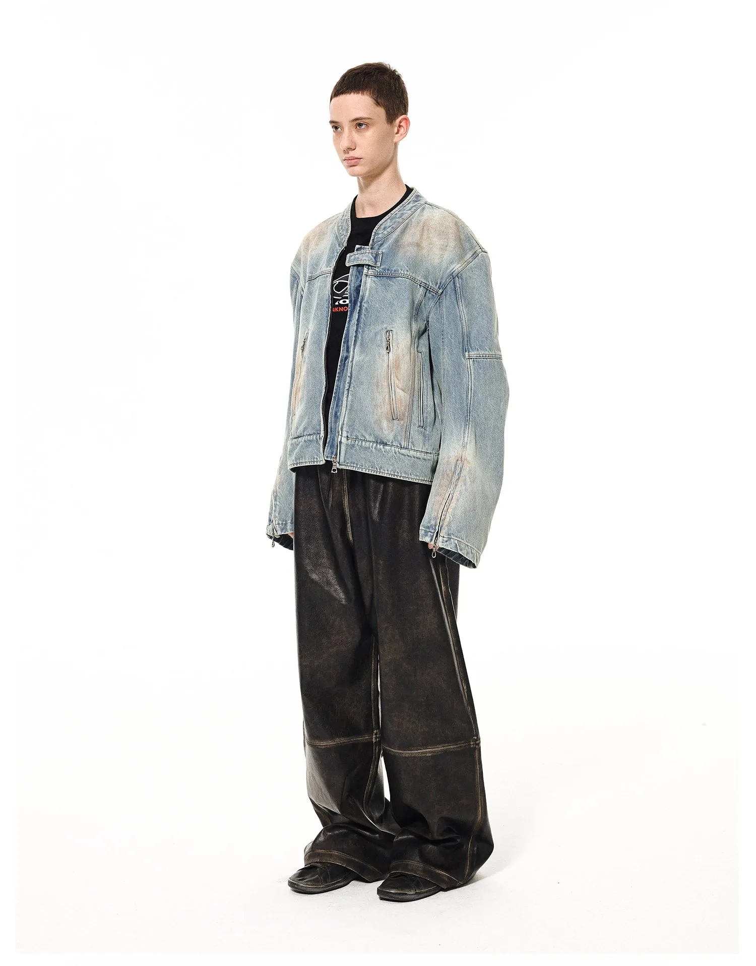 Mud-dyed Damaged Zipper Decoration Denim Jacket