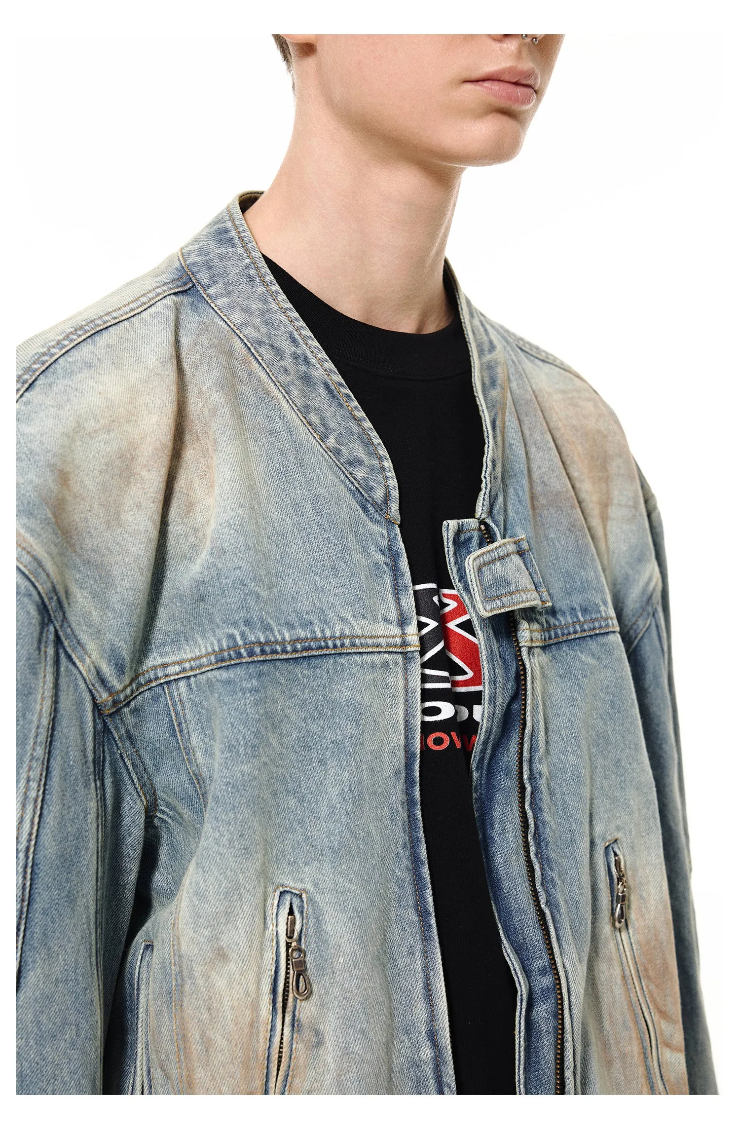 Mud-dyed Damaged Zipper Decoration Denim Jacket