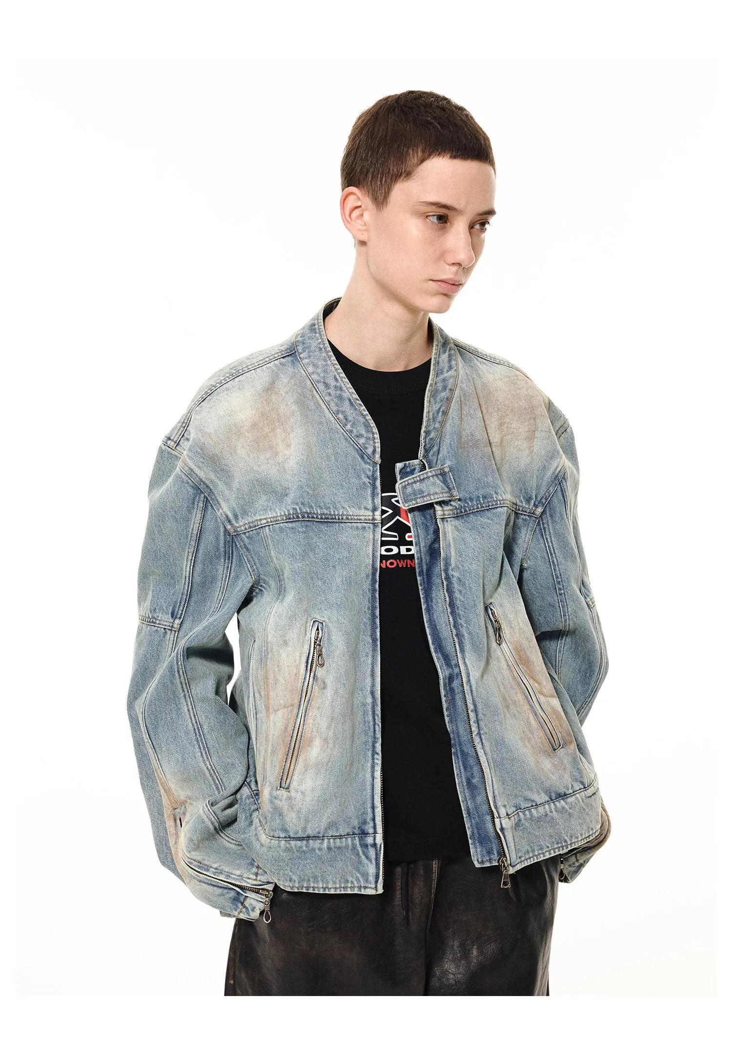 Mud-dyed Damaged Zipper Decoration Denim Jacket