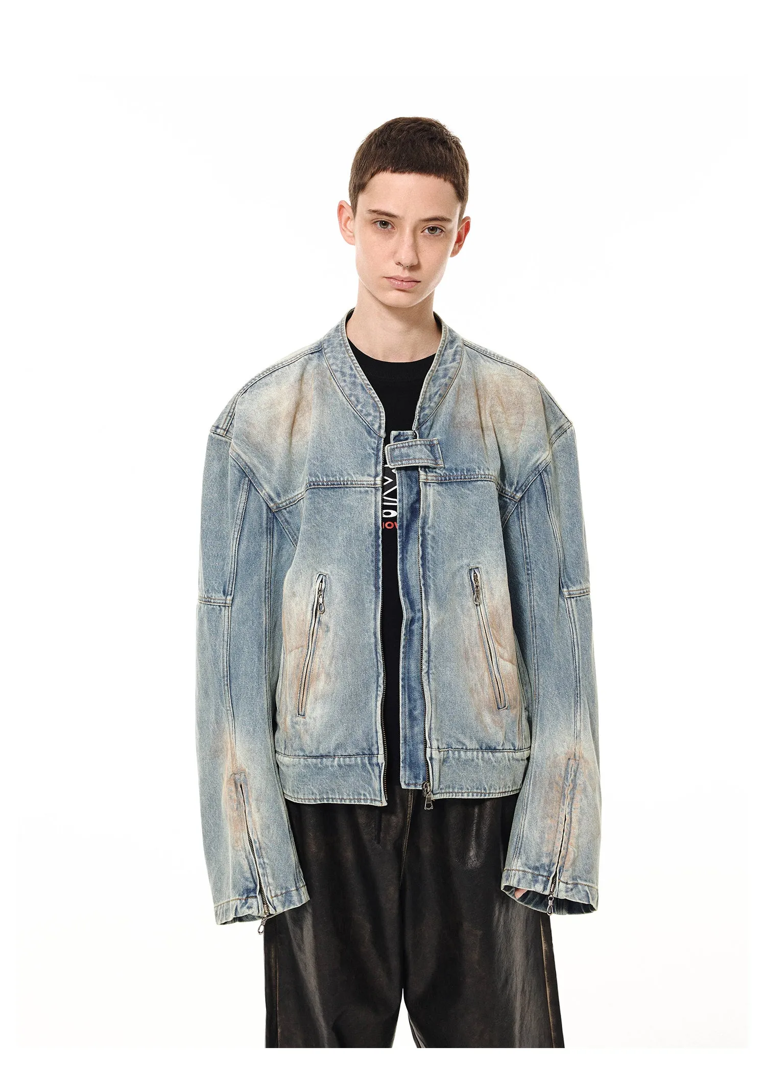 Mud-dyed Damaged Zipper Decoration Denim Jacket