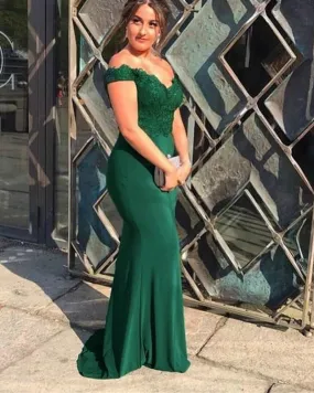 Off the Shoulder Sexy Lace Fitted Emerald Green Long Fitted Evening Prom Dress PL1026