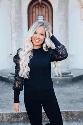 Organza Sheer Ruffle Sleeve Top - Black