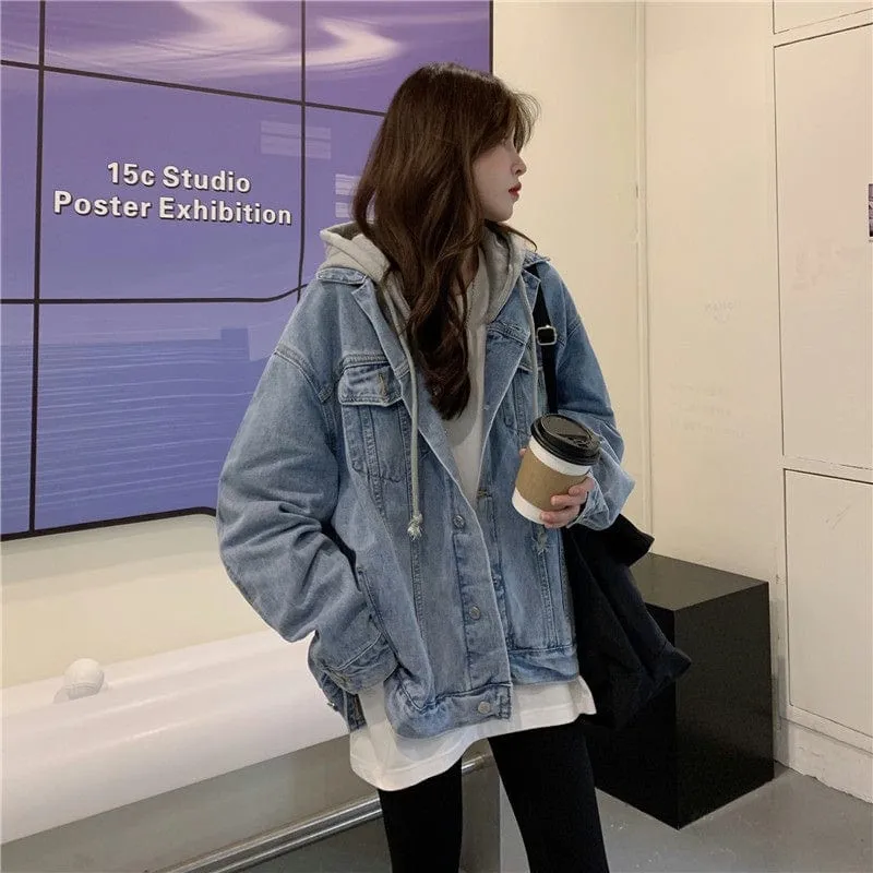 Oversized Hooded Basic Denim Jacket