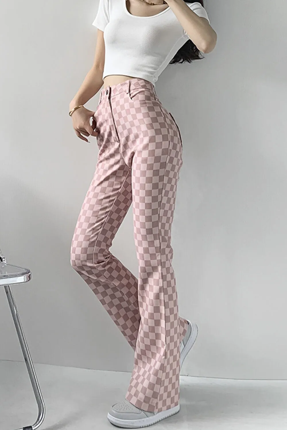 Pink Flared Checkered Soft Girl Jeans