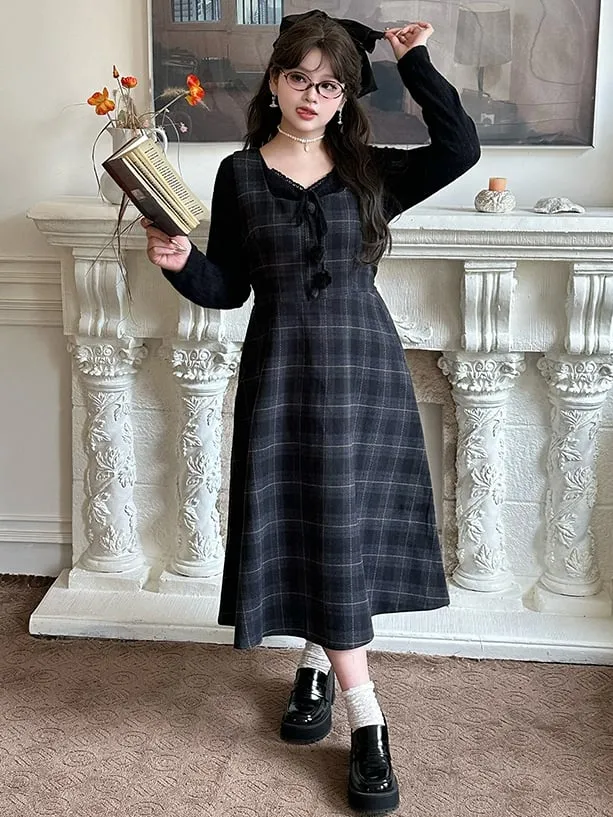 Plus Size Dusty Blue High Waist Plaid Pattern Woolen Overall Dress