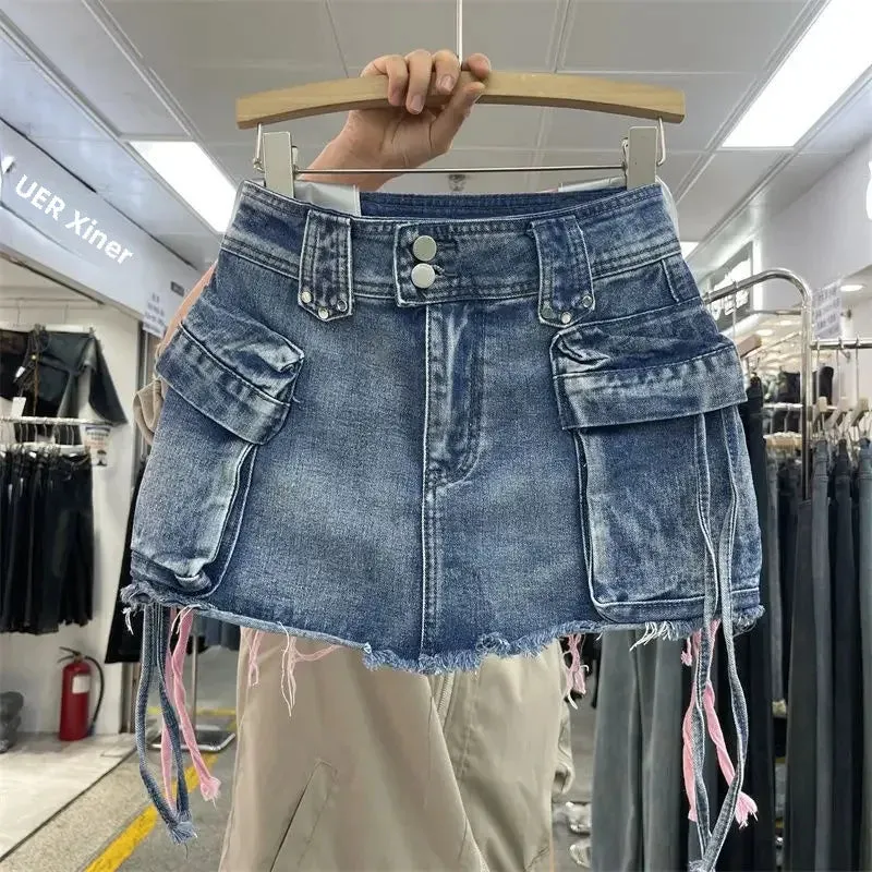 Rosa High-Waist Denim-Rock mit Fransen - Soft-Girl Stil