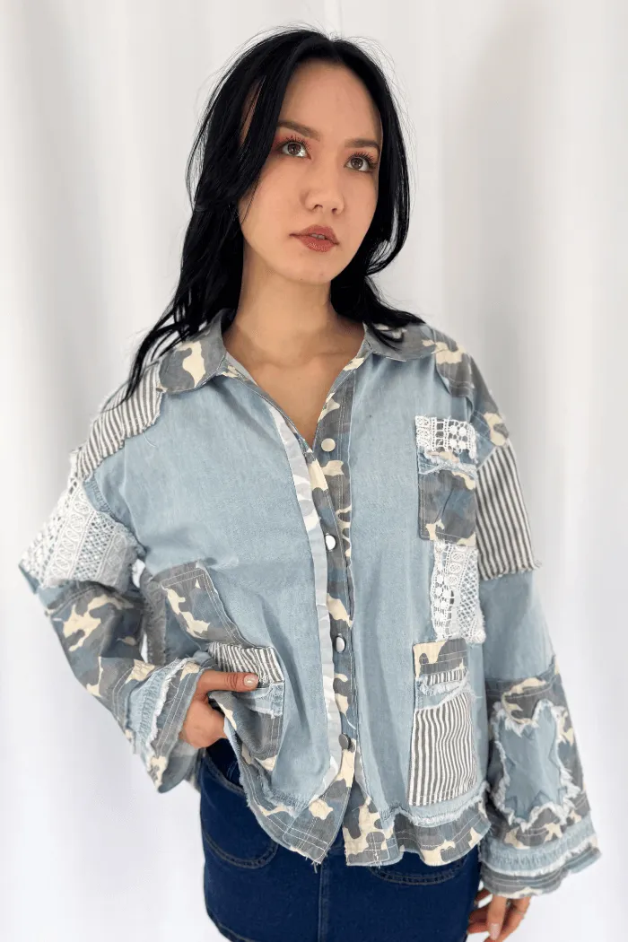 Vintage Washed Camo Crochet Jacket in Denim