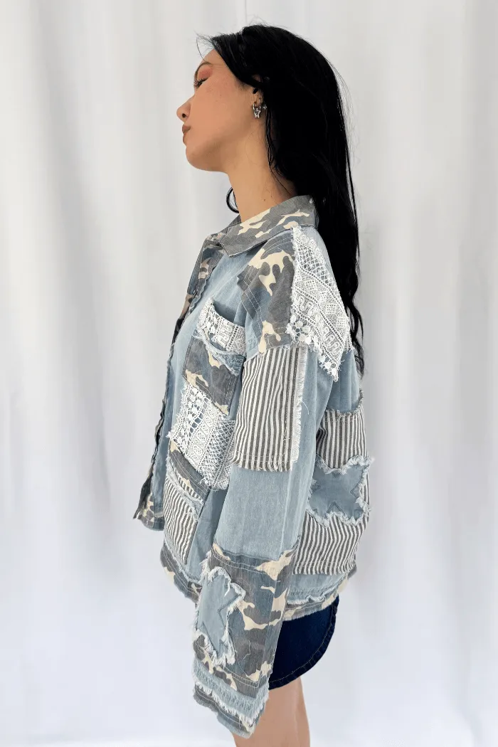 Vintage Washed Camo Crochet Jacket in Denim