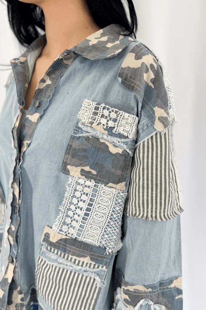 Vintage Washed Camo Crochet Jacket in Denim