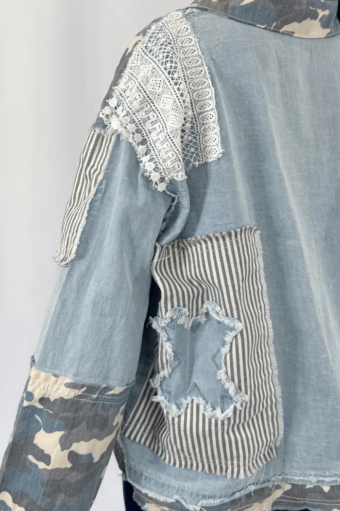 Vintage Washed Camo Crochet Jacket in Denim